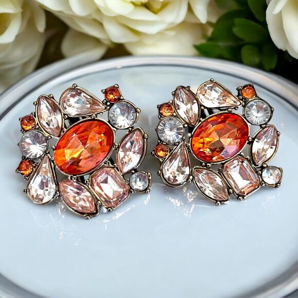 Catherine Stein Designer Earrings Gold Tone Orange Crystal Accents Clip On 12R - Picture 1 of 6